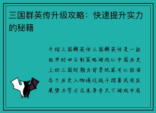 三国群英传升级攻略：快速提升实力的秘籍