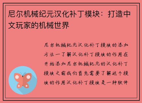 尼尔机械纪元汉化补丁模块：打造中文玩家的机械世界
